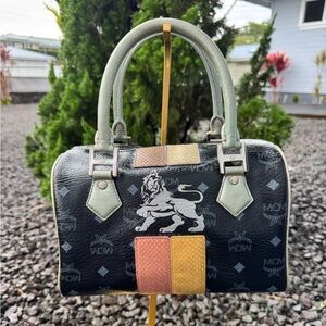 MCM Visetos Boston Satchel – Black Logo Canvas w/Patchwork Leather Accents